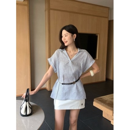 Áo sơ mi nữ mới có ve áo, thắt lưng sọc và thắt lưng
