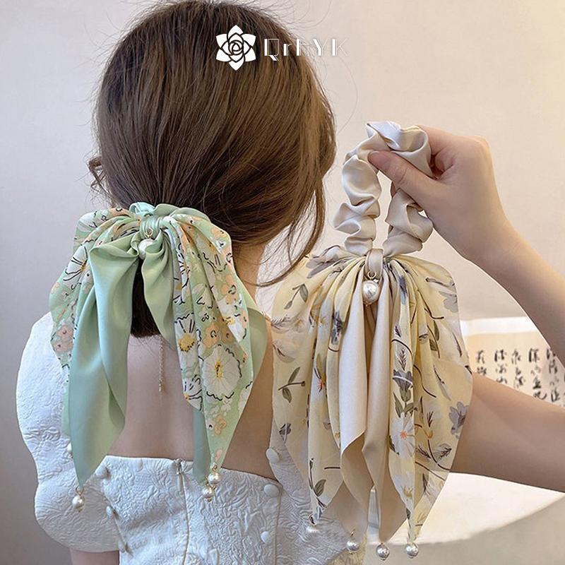 Dây buộc tóc retro thanh lịch với nơ ngọc trai, phong cách Hàn Quốc dành cho tóc đuôi ngựa