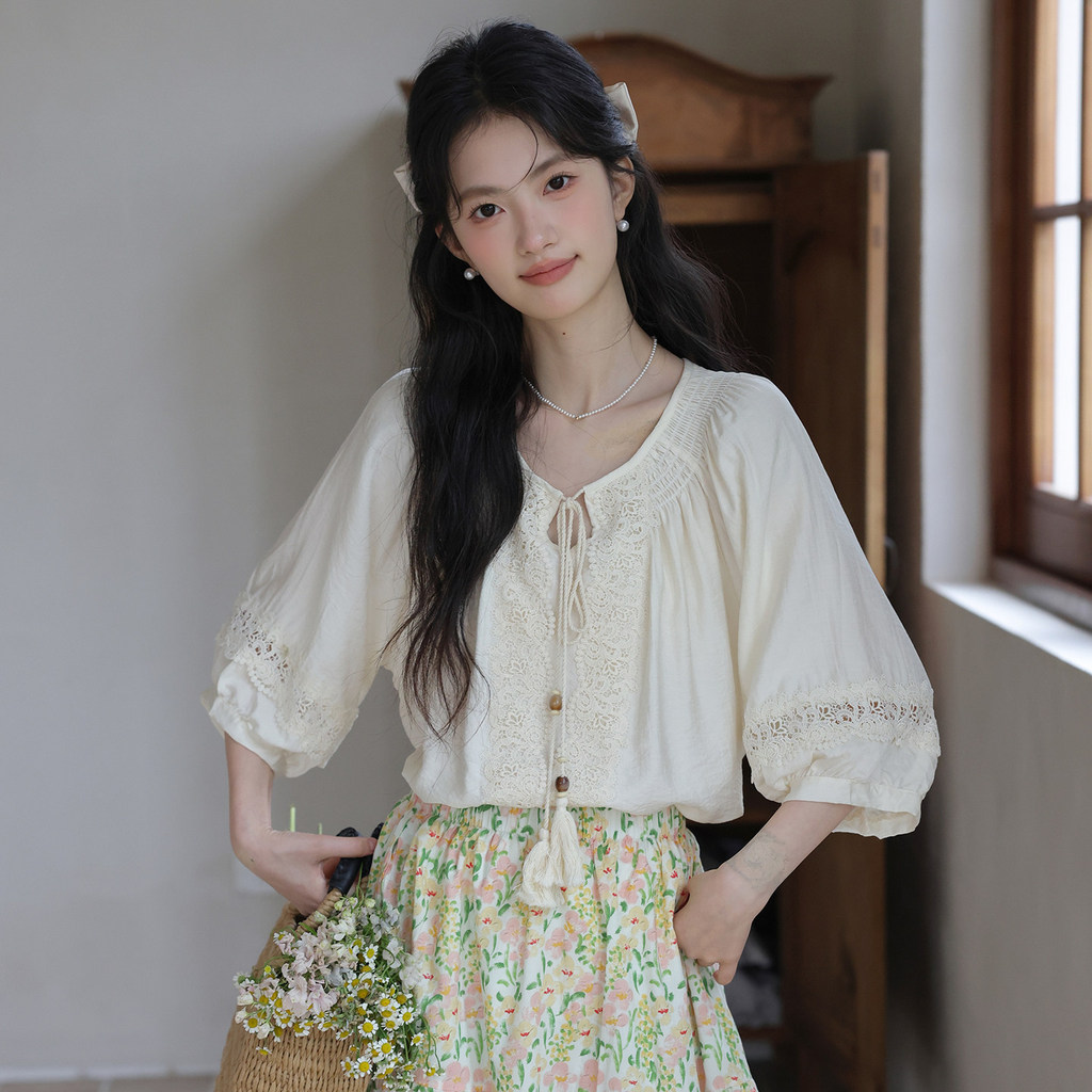 Mutu Áo Sơ Mi Retro Nghệ Thuật Ren Khâu, Phong Cách Mùa Hè, Thiết Kế Niche Top