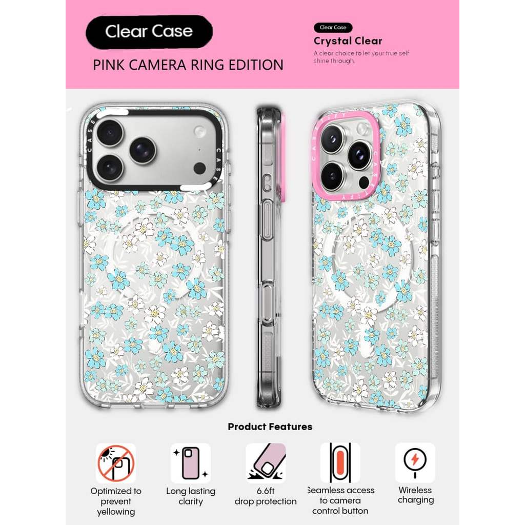 CASECASE X Đầy hoa Vỏ HỒNG CAMERA RING PHIÊN BẢN Tác động Vỏ hút từ tính trong suốt cho iPhone 17 / 16 / 15 / 14 / 13 Pro Max Air với bao bì cao cấp