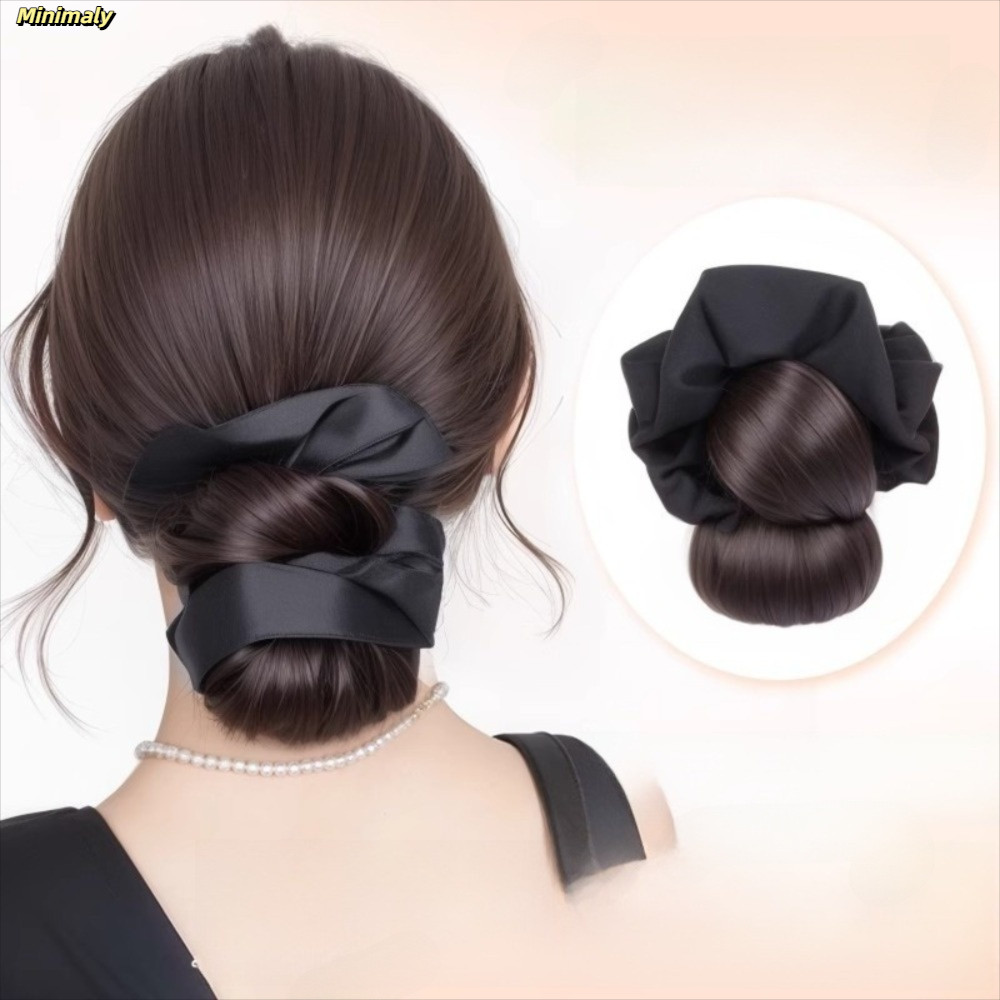 Bộ tóc giả đầu Bun MINIMALY, kẹp tóc xoăn tổng hợp màu nâu với dây buộc
