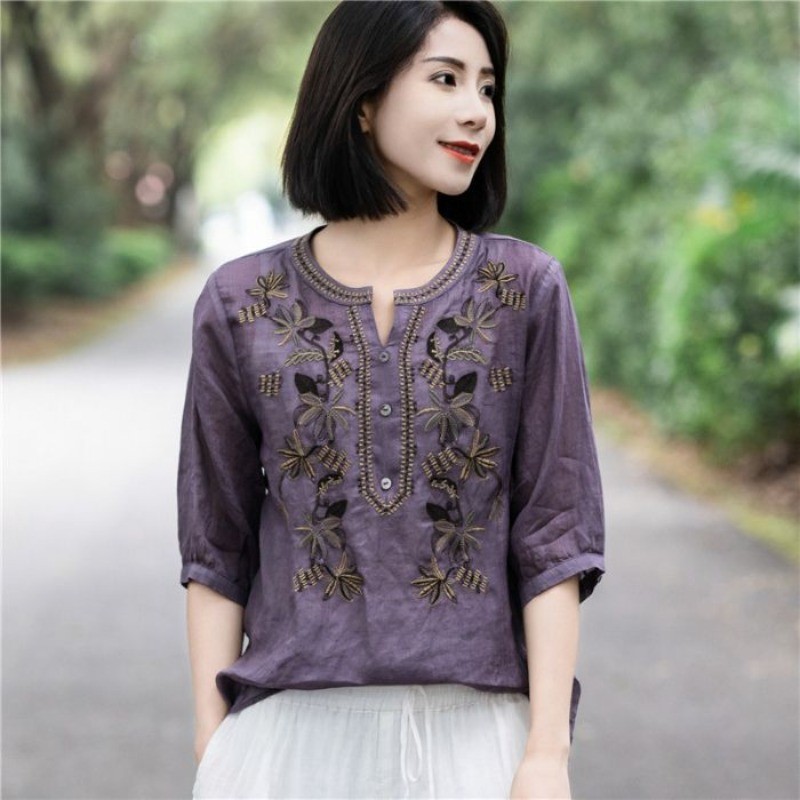 Áo sơ mi thêu phong cách Trung Quốc cổ điển dành cho nữ, phù hợp mát mẻ cho mùa hè