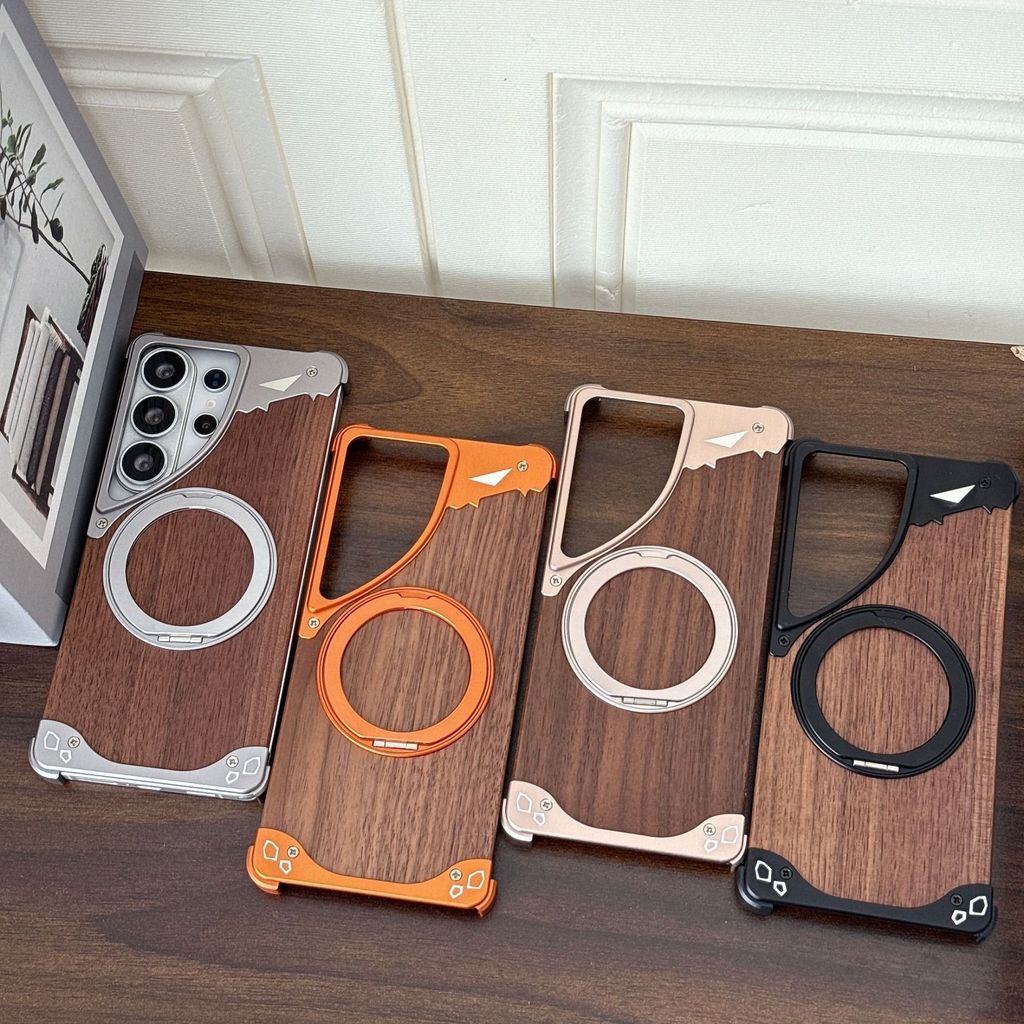 Dành Cho Samsung Galaxy S23 S22 S24 S25 S26 Ultra Walnut Gỗ Kim Loại Viền Giáp 360° Giá đỡ từ tính xoay Vỏ chống sốc