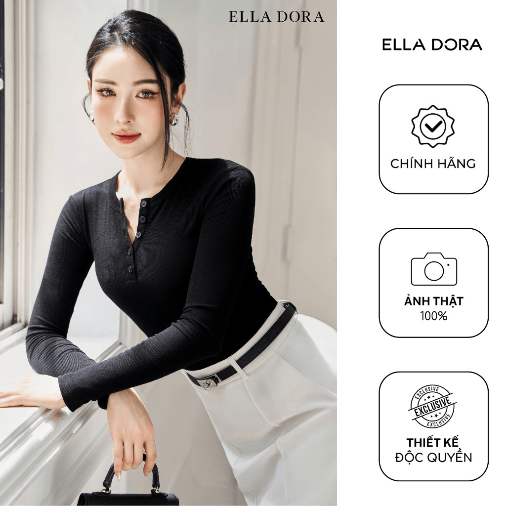 Áo thun nữ ELLA DORA cổ tròn phối nhiều cúc form gọn thanh lịch 4 màu TRẮNG/ĐEN/ ĐỎ/ GHI [AT40]