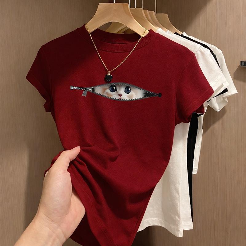 BOOM Áo Baby Tee Nữ Cotton Ôm Body-Áo Thun Ngắn Tay Y2K In Hình PhongCách Mùa Hè, Cổ Tròn Hàng Đầucách hàn quốc phongR61