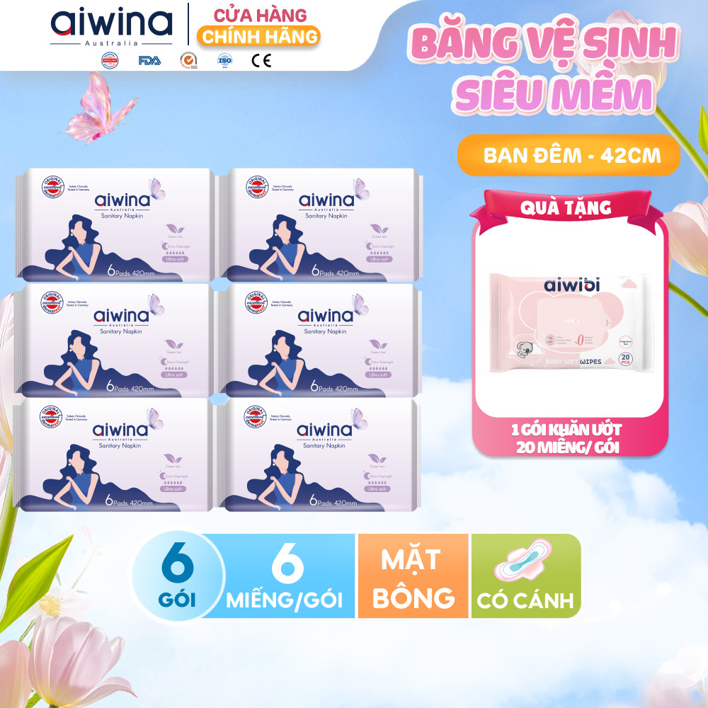 Combo 6 Băng vệ sinh Aiwina siêu mềm ban đêm 42cm gói 6 miếng