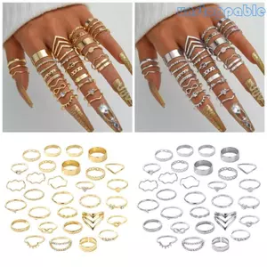 Unstop * Nhẫn thắt nút hợp kim màu vàng bạc Bộ nhẫn có thể xếp chồng lên nhau thanh lịch với kim cương giả