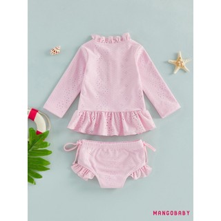 MG-2 Chiếc Bộ Đồ Bơi Bé Gái Tập Đi Dài Tay Frill Mock Cổ Dây Thêu Áo Và Đáy Rash Guard Bộ Đồ Tắm
