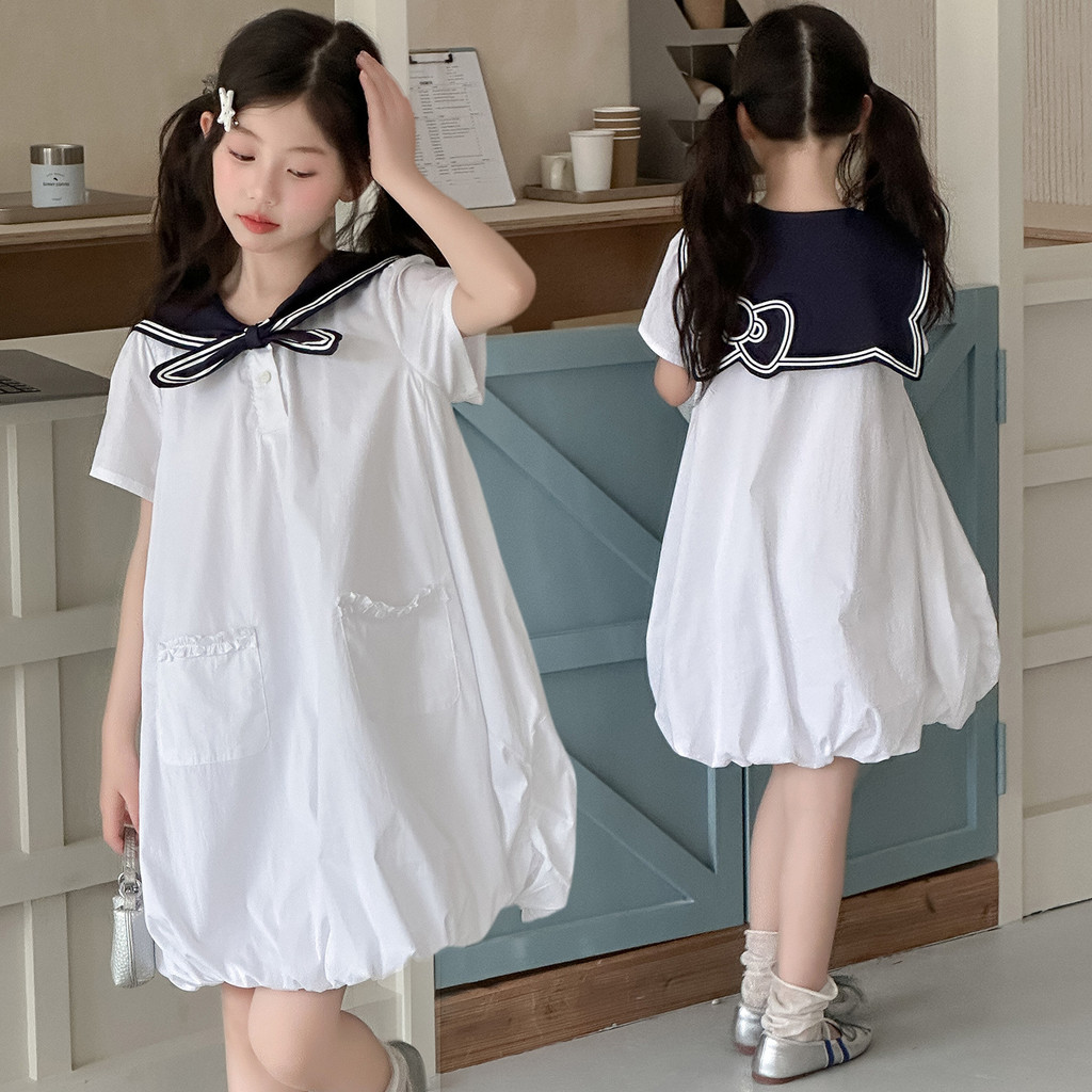 Bé Gái Cổ Hải Quân Hoa Nụ Đầm Mùa Hè 2026 Phong Cách Mới Trẻ Em Preppy Phong Cách Rời Tay Ngắn Đầm Công Chúa