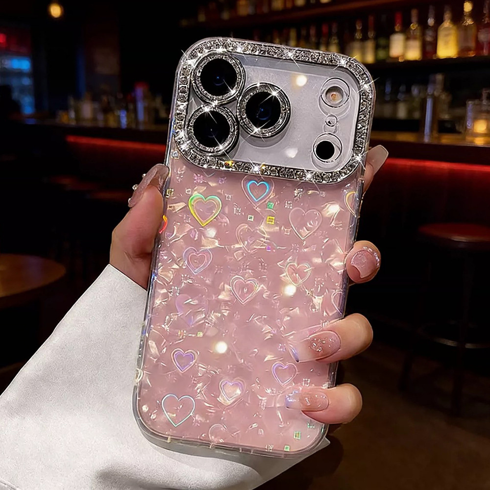 Ốp điện thoại Acrylic họa tiết vỏ Laser Love Heart cho iPhone 17 Pro Max 16 15 14 13 12 11 Vỏ bảo vệ chống sốc