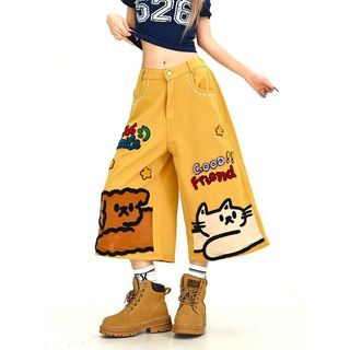 DICHUANGZHE Nam Nữ Đường Phố Cao Cấp Hoạt Hình Mèo Và Chó In Chân Thẳng Quần Cắt denim