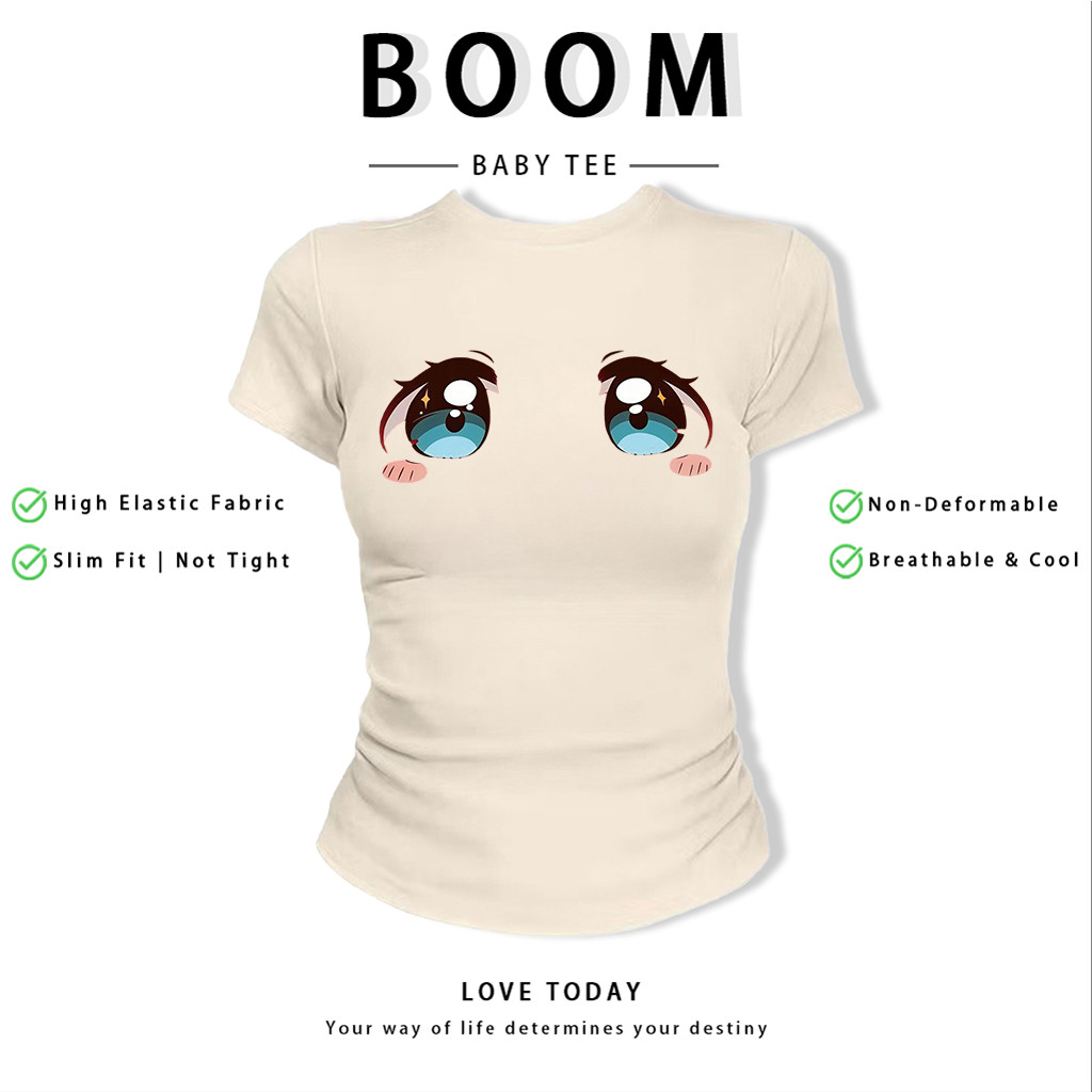 BOOM Áo Baby Tee Nữ Cotton Ôm Body-Áo Thun Ngắn Tay Y2K In Hình PhongCách Mùa Hè, Cổ Tròn Hàng Đầucách hàn quốc phongG82