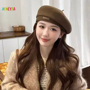 < Honeyba > Cotton Nữ Mũ Nồi Mùa Đông Mũ Kẻ Sọc Pháp Cổ Điển Mũ Họa Sĩ Mũ Thu Đông Đường Phố Hình Bát Giác Mũ Nồi Đẹp
