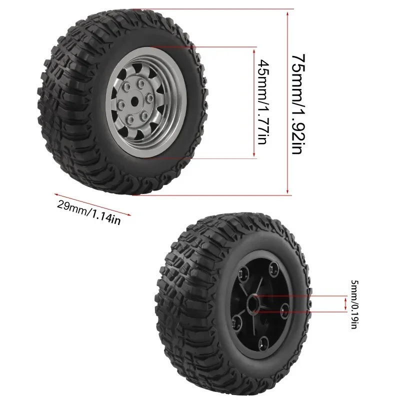 4 Bánh xe RC cao su 75mm 5mm Hex MN99S cho MN98 MN82, WPL C24-1 B36 D12 C64 D74-1 Nâng cấp xe địa hình, Lốp RC hiệu suất cao