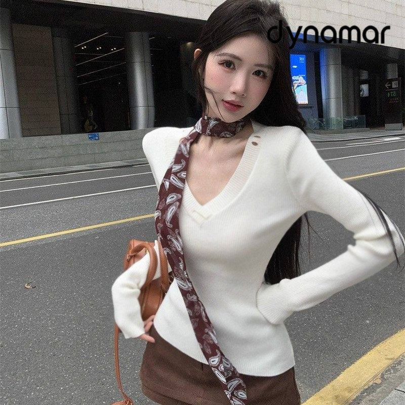 【dynamar】Áo len nữ cổ chữ V thanh lịch, sang trọng với dây ruy băng dài, kiểu dáng ôm sát.