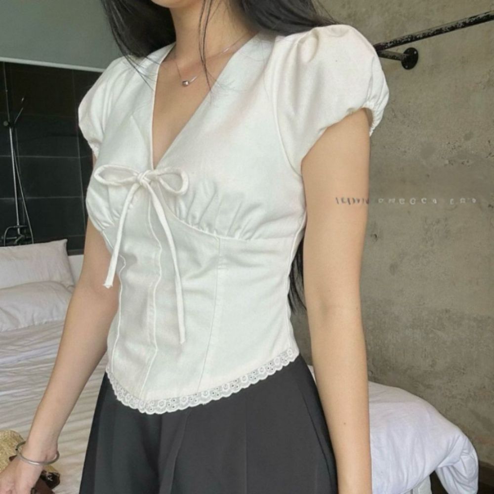 Áo Didi Top ( chất vải linen) phong cách Hàn Quốc cổ V kèm dây rút -MA 210 - SamHi Closet