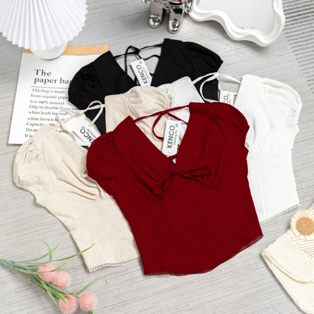 Áo Didi Top ( chất vải linen) phong cách Hàn Quốc cổ V kèm dây rút -MA 210 - SamHi Closet