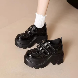 Kích Thước Lớn Đế Dày Tăng Chiều Cao Mary Jane Giày Nữ Thu Đông Phong Cách Mới Velcro Đen Phù Hợp Với Nền Tảng Chống Thấm Nước Giày Da Nhỏ