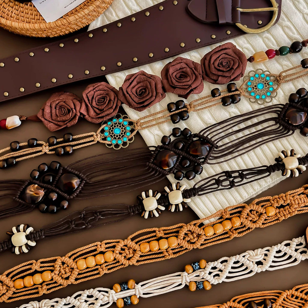 Đai thắt lưng nữ màu nâu phong cách retro boho phù hợp cho kỳ nghỉ