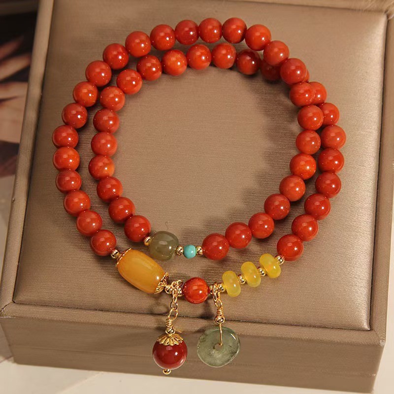 Mới Nam Đỏ Mã Não Nhiều Lớp Vòng Tay Vintage Sang Trọng Sáp Ong Khóa An Toàn Vòng Tròn Đôi Vòng Tay Thời Trang Ins Niche Tay Trang Sức Cho Nữ Người Bạn Thân Nhất