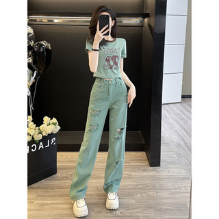 Bộ đồ thời trang thường ngày cho nữ, gồm áo in họa tiết đa năng mùa hè và quần jean rách trẻ trung