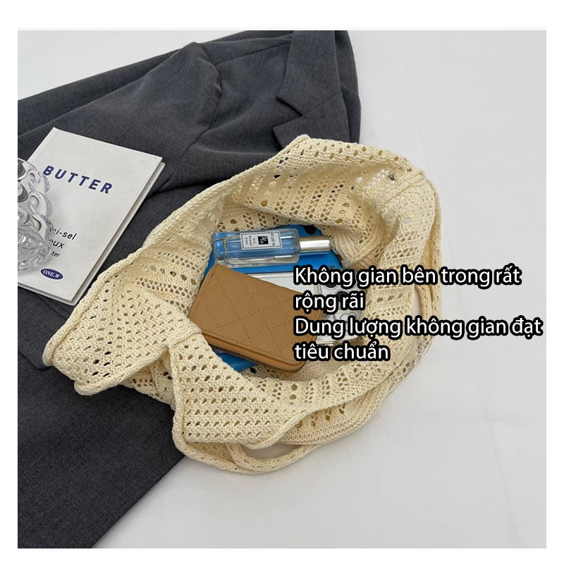 Túi Cói đi Biển Nữ Cao Cấp – Túi Lưới đan Cài Hoa đeo Vai Hàn Quốc, Size Lớn đựng đồ Thoải Mái