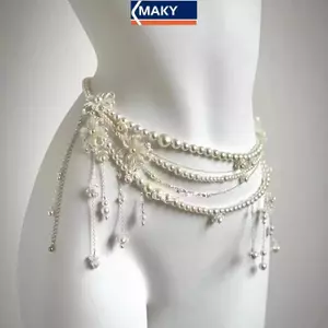 Đồ trang sức eo dây xích nữ với thiết kế hoa nhiều lớp và ngọc trai retro - Phụ kiện thời trang