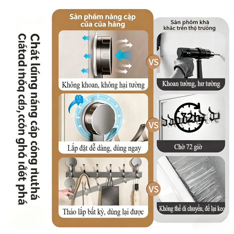 Móc Treo Quần áo Hút Chân Không, Nhôm Chống Gỉ, Không Khoan, Hút Siêu Chắc, Treo Sau Cửa, Phòng Tắm, Nhà Bếp, Tủ đồ