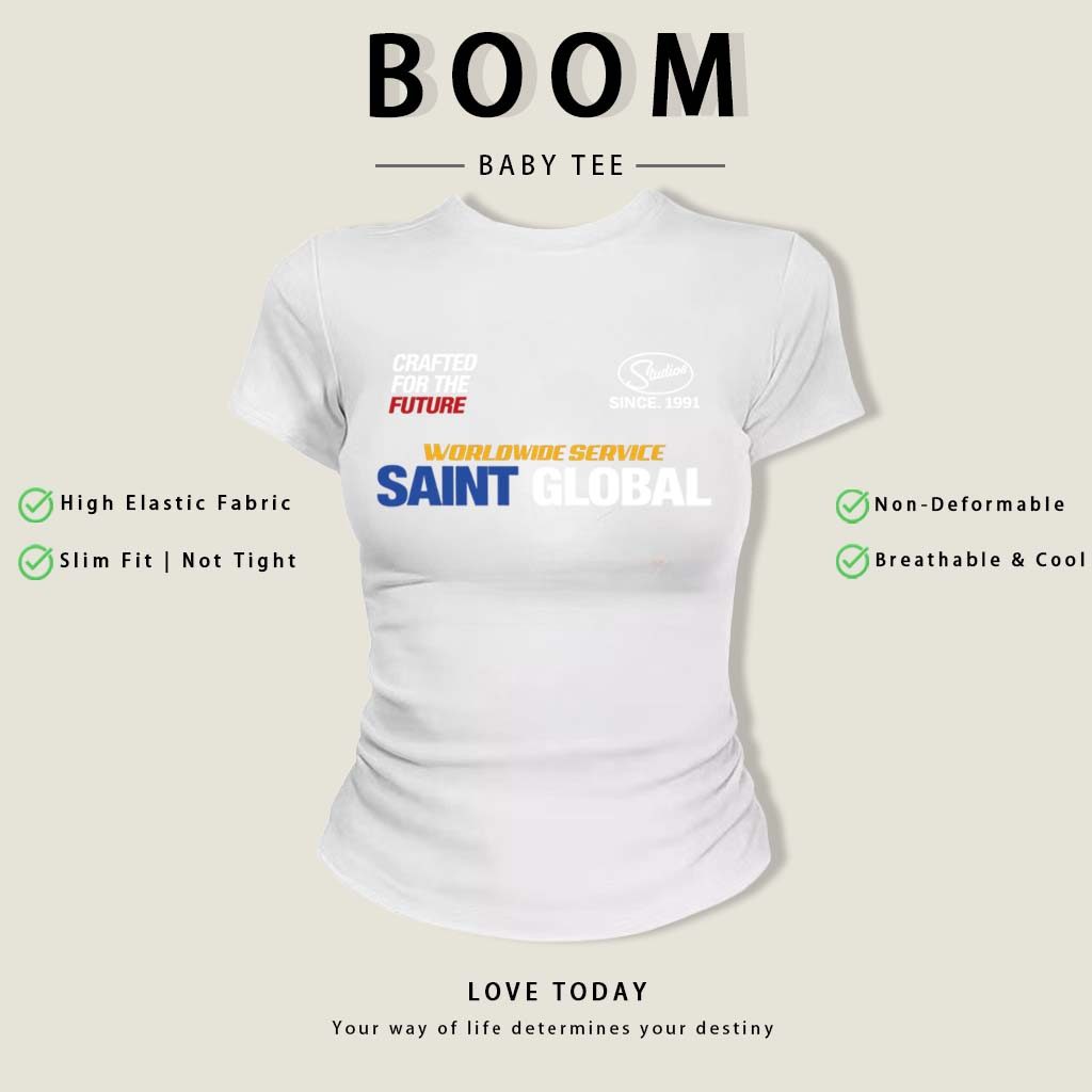 BOOM Áo Baby Tee Nữ Cotton Ôm Body-Áo Thun Ngắn Tay Y2K In Hình PhongCách Mùa Hè, Cổ Tròn Hàng Đầucách hàn quốc phongE36