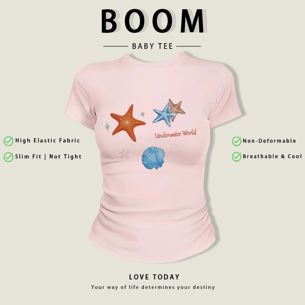 BOOM Áo Baby Tee Nữ Cotton Ôm Body-Áo Thun Ngắn Tay Y2K In Hình PhongCách Mùa Hè, Cổ Tròn Hàng Đầucách hàn quốc phongE40