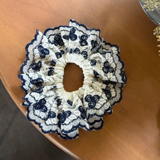Kovoi Scrunchy Dây Buộc Tóc Cao Cấp Màu Xanh Thêu Hoa, Phong Cách Dân Tộc Mới Lạ