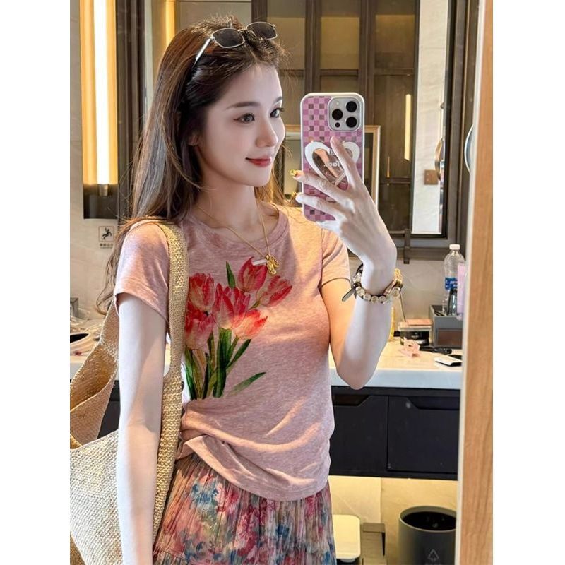 Áo Thun Hở Vai Nữ In Hoa Tulip Màu Hồng - Phù Hợp Mùa Hè