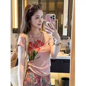 Áo Thun Hở Vai Nữ In Hoa Tulip Màu Hồng - Phù Hợp Mùa Hè