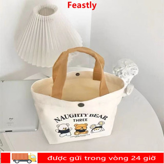 Túi Tote vải FEASTLY, Túi xách Mini đào dung tích lớn, Túi lưu trữ hoạt hình bằng vải canvas thời trang dã ngoại