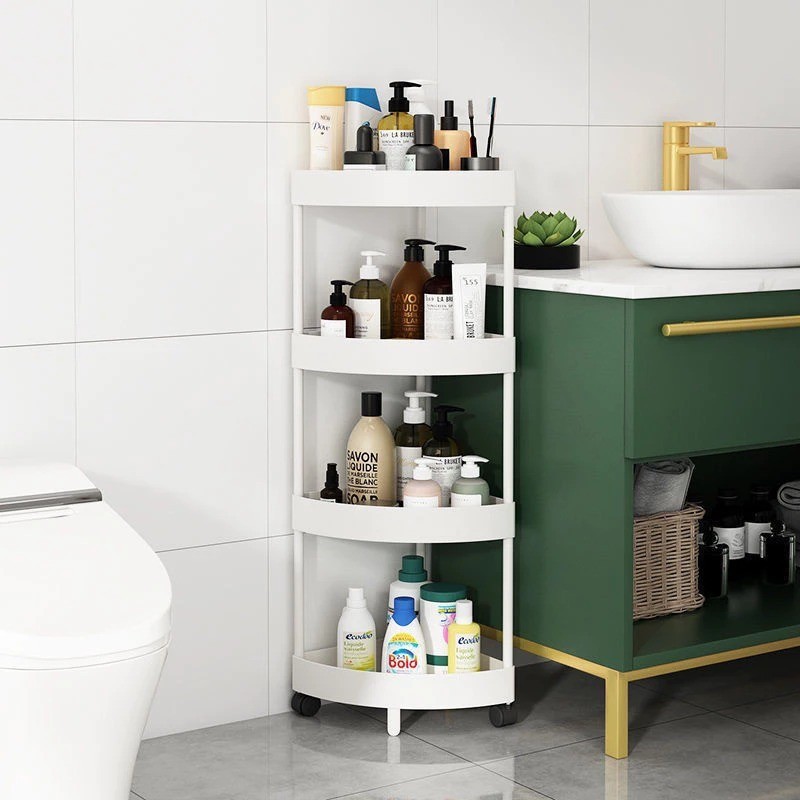Kệ Để Đồ Nhà Bếp , Phòng Tắm Góc Tường Tam Giác 4 Tầng Có Bánh Xe [ màu trắng]