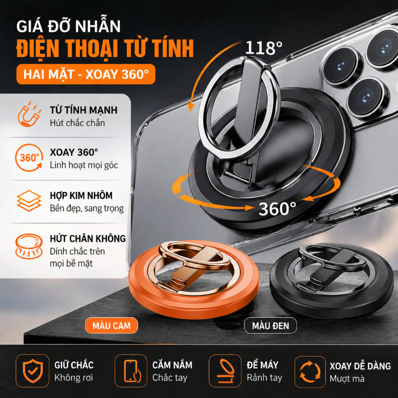 Giá đỡ Nhẫn điện Thoại Từ Tính Hai Mặt,hợp Kim Nhôm, 360° Xoay, Hút Chân Không