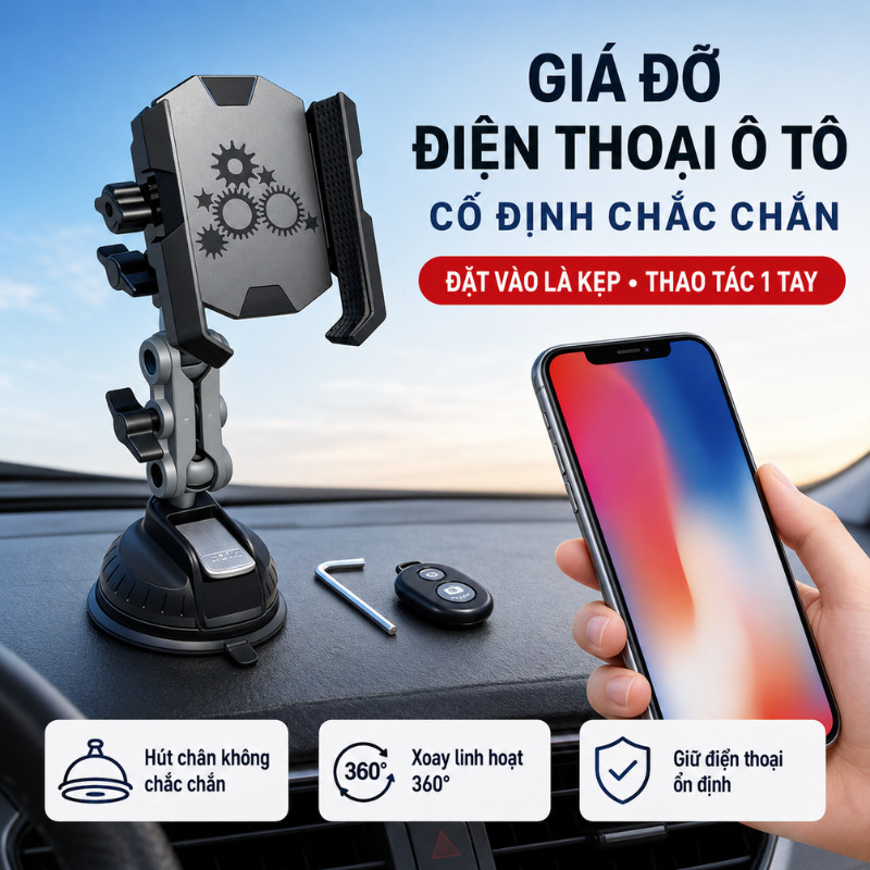 Giá Đỡ Điện Thoại Xe Hơi Cao Cấp – Hút Kính Hợp Kim, Xoay 360°, Thích Hợp Livestream, Quay Video Chụp Ảnh