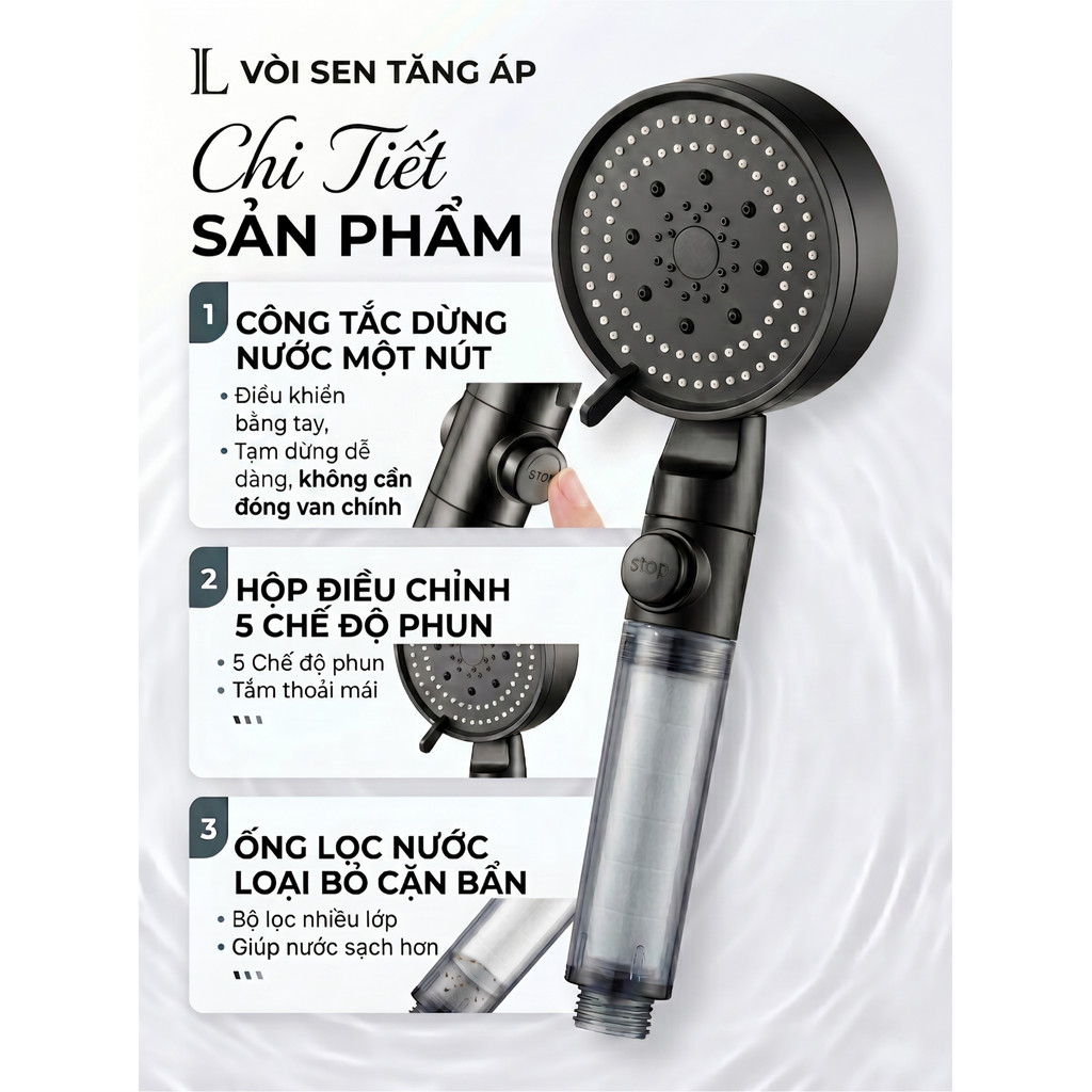 Vòi Hoa Sen LUX Tăng Áp 5 Chế Độ - Tích Hợp Lõi Lọc Bông PP Loại Bỏ Gỉ Sét & Nút Tạm Dừng Thông Minh