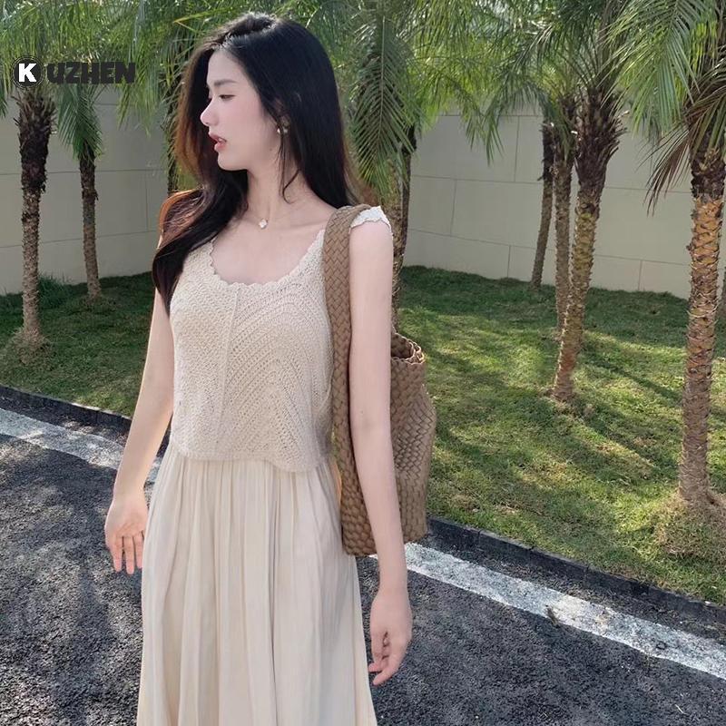 KUZHEN Mùa Hè Vintage Rỗng Ra Dệt Kim Tank Top Nữ Màu Trơn Không Tay Crop Top HOT