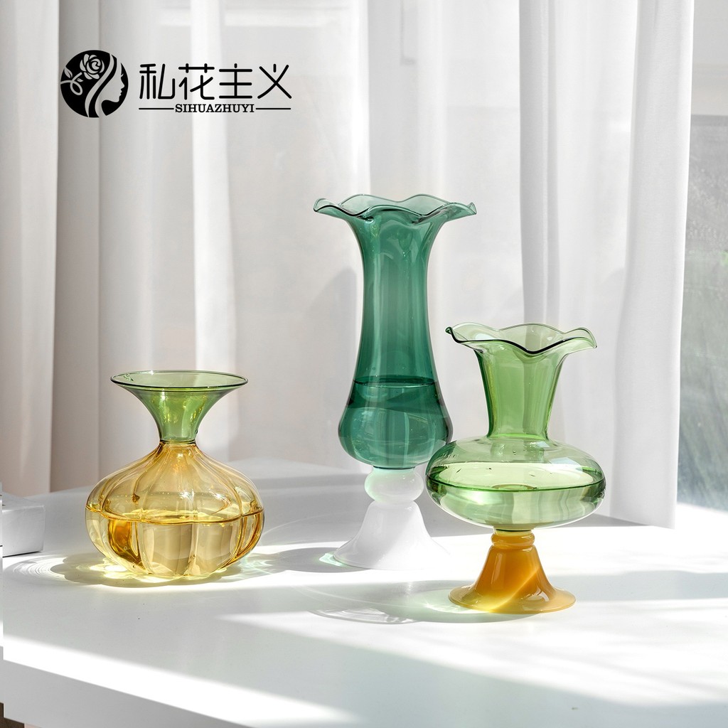 bình hoa thủy tinh màu xanh lá phong cách vintage pháp lọ hoa decor phòng khách sang trọng bình bông miệng bèo thiết kế cao cấp