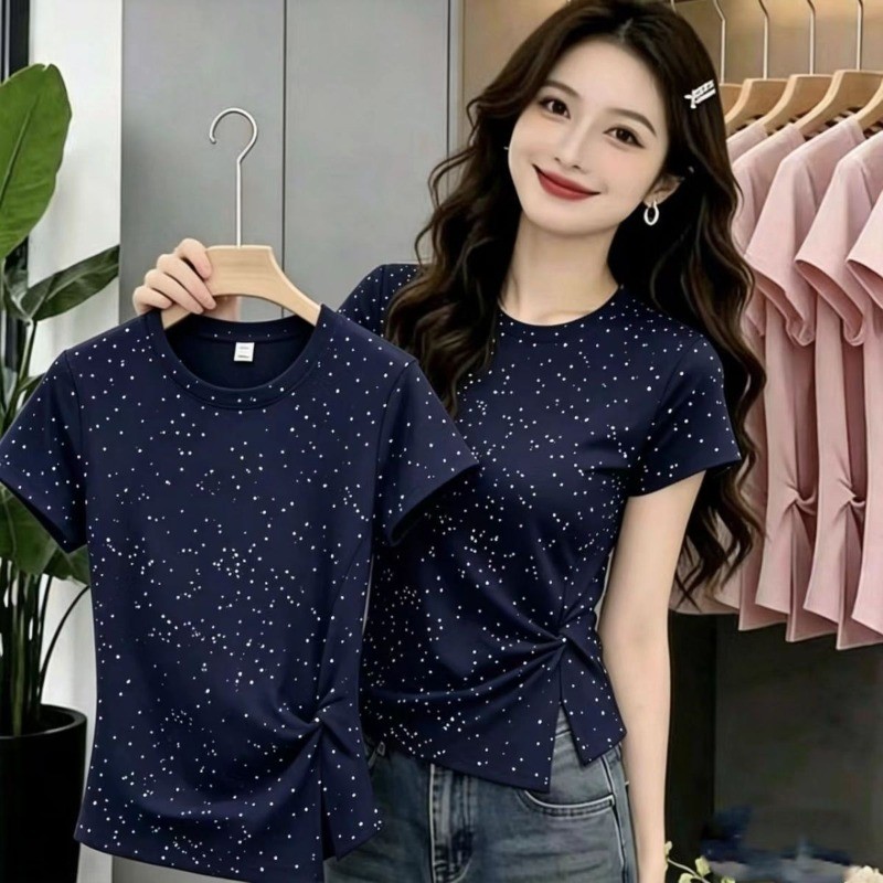 Áo thun ngắn tay nữ mùa hè mới thời trang giản dị dáng ôm vừa vặn sáng bóng cho nữ
