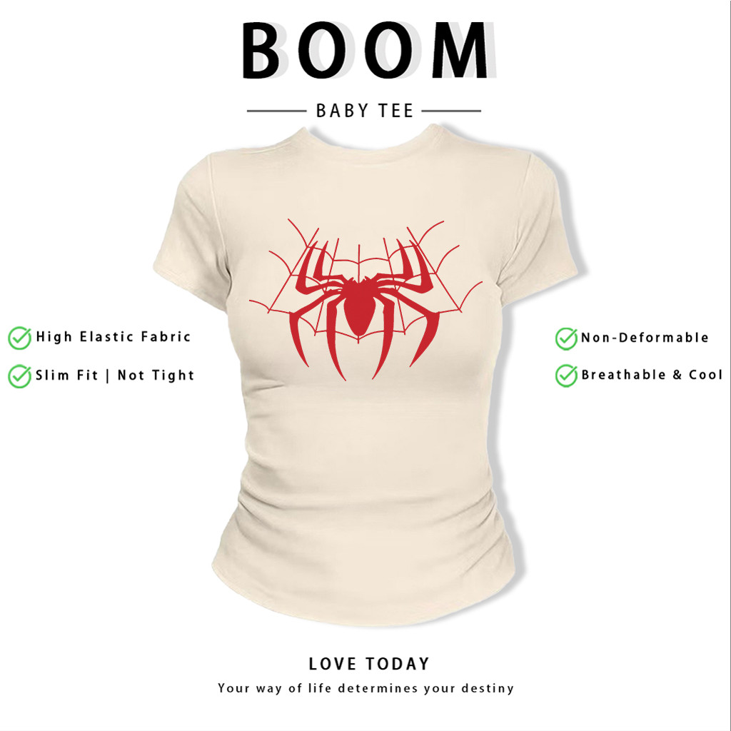 BOOM Áo Baby Tee Nữ Cotton Ôm Body-Áo Thun Ngắn Tay Y2K In Hình PhongCách Mùa Hè, Cổ Tròn Hàng Đầucách hàn quốc phongF17