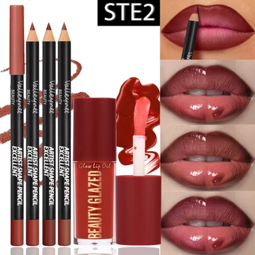 Bộ trang điểm môi BEAUTY GLAZED 4 món: 3 chì kẻ viền môi màu nâu + 1 dầu bóng môi, Bộ chì kẻ viền và son bóng lâu trôi chống nước, tạo hiệu ứng căng mọng phù hợp mọi tông da