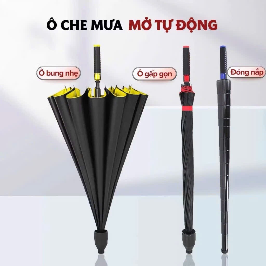 Ô Che Mưa Cán Dài Có Vỏ Rút Ngăn Nước Tràn Ra, Khung Bền Bỉ, Ô Dù Chống Lật Che Nắng Chống Tia UV