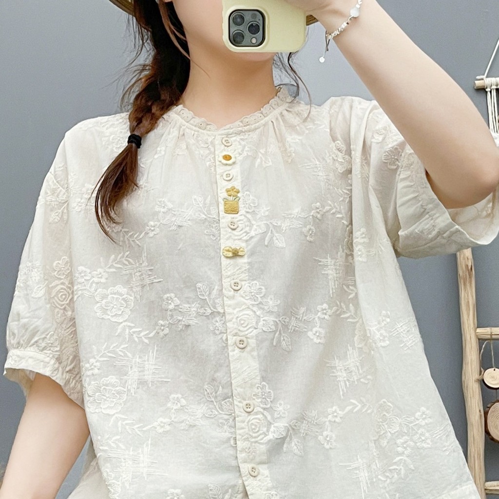 [Sẵn Sàng] Áo Sơ Mi Nữ Sợi Cotton Thêu Hoa Hồng Ba Chiều Chậu Áo Sơ Mi Trắng