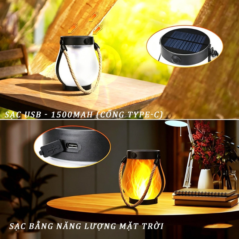 Đèn Lửa Năng Lượng Mặt Trời 800Lm - Sạc Kép Mặt Trời/USB, Tự Động, Hoàn Hảo Cho Cắm Trại & Trang Trí Sân