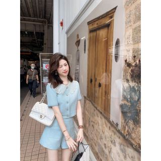 Set Bộ Nữ Áo Cộc Tay Cổ Sen Ren Mix Quần Short Xanh Mint HB.Studio S119