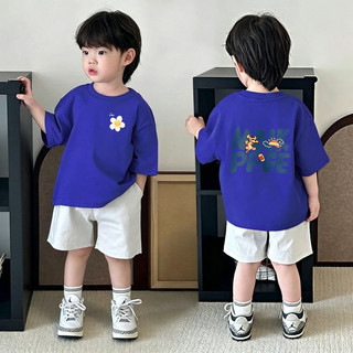 (Từ 1-12 tuổi) Áo thun ngắn tay trẻ em, Áo in hình hoạt hình hoa cho bé trai, Áo cổ tròn