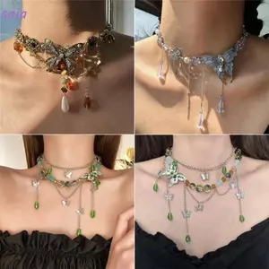 Vòng cổ bướm tua rua với hạt kim cương giả sáng bóng - Quà trang sức Gothic quyến rũ dành cho tiệc cưới