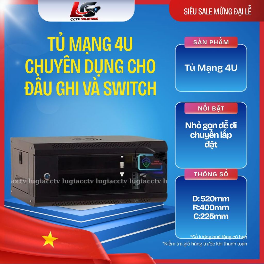 Tủ Rack 4U 9U 6U 12U lăp ghép tủ treo tường  sơn tĩnh điện, Ổ cắm điện 6 lỗ cho tủ 19inch (PDU)